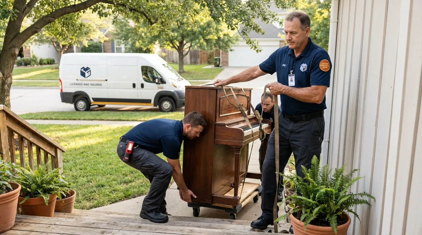 Licensed piano movers securing grand piano in Hampstead, NC